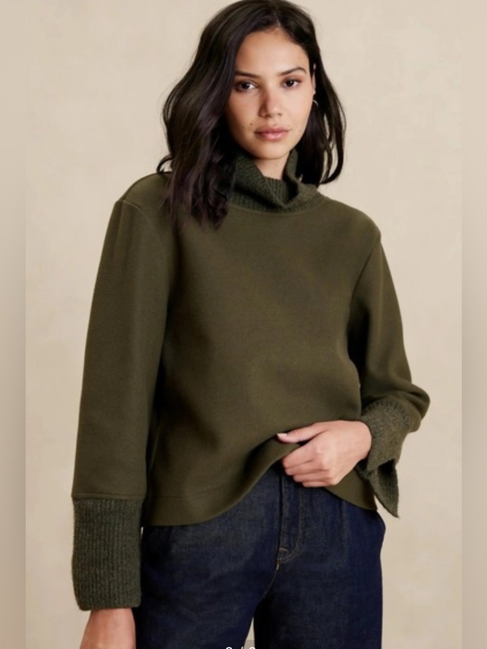Banana Republic Factory NWT Brushed Turtleneck Sweatshirt Olive Mixed Media Lrg